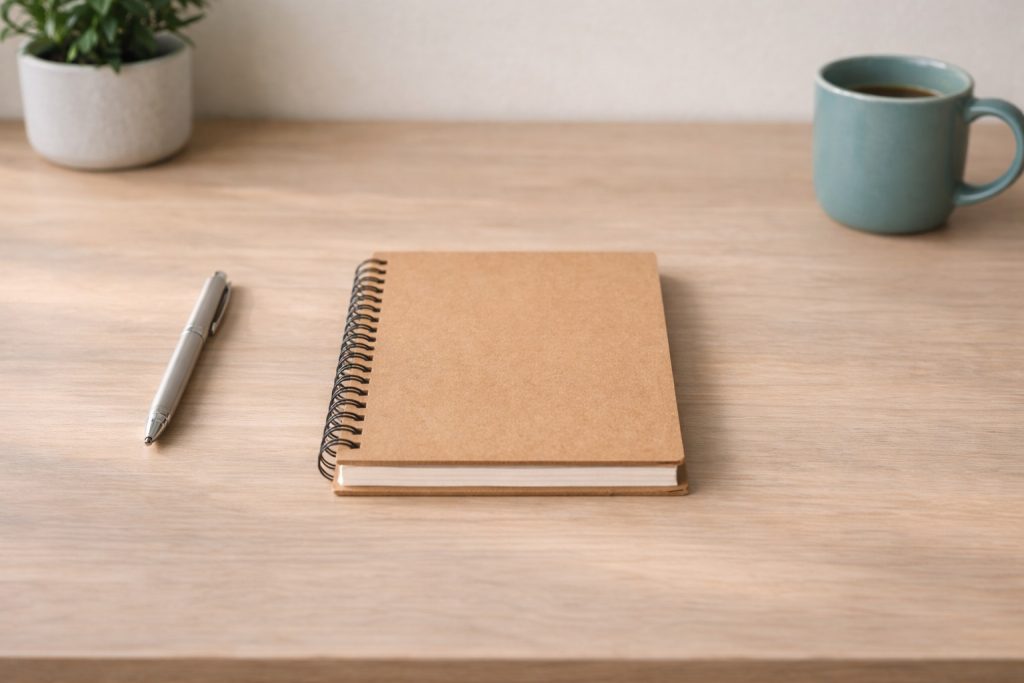 Clean, uncluttered desk with notebook & pen