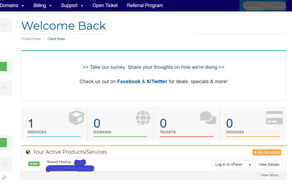 Web hosting dashboard