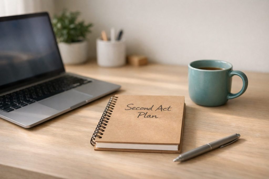 Workspace with laptop, mug and a notebook with the words "Second Act Plan" written on it