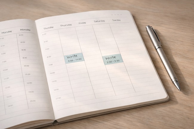Weekly planner with time slots blocked out for writing