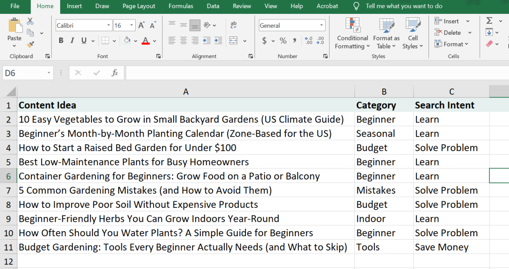 List of post ideas for a gardening site