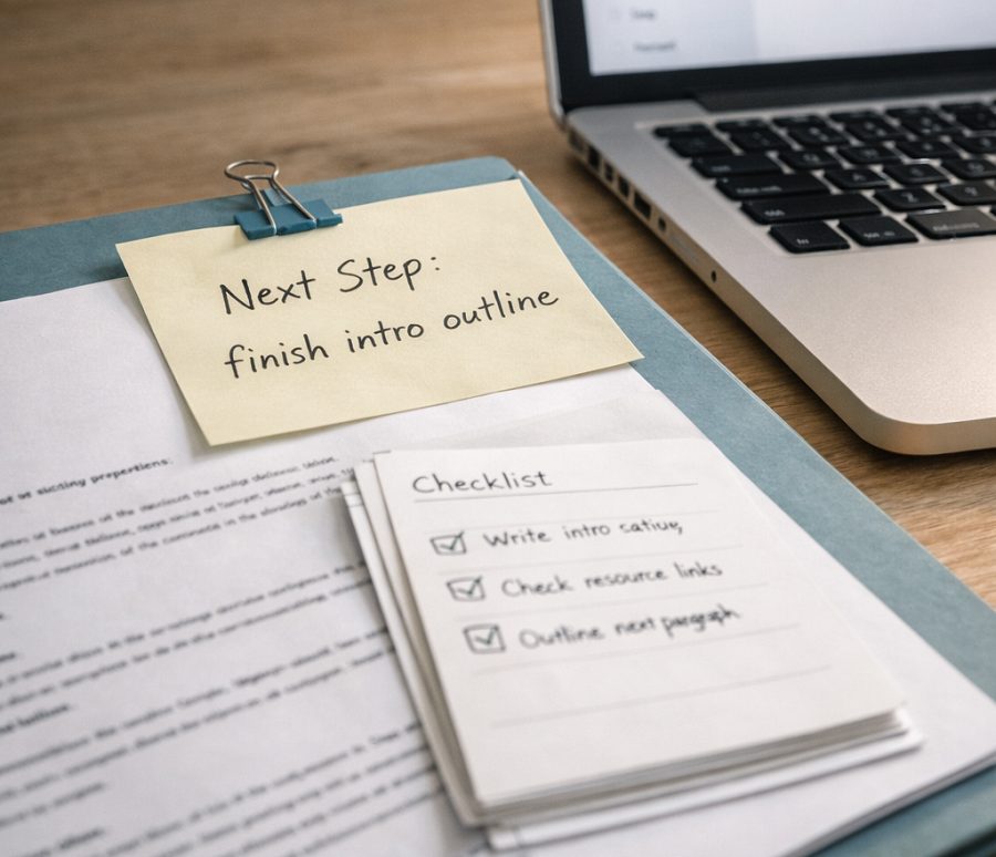 Next step note beside laptop