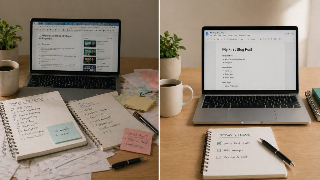 Learning vs building in an online business—cluttered research vs focused action workspace