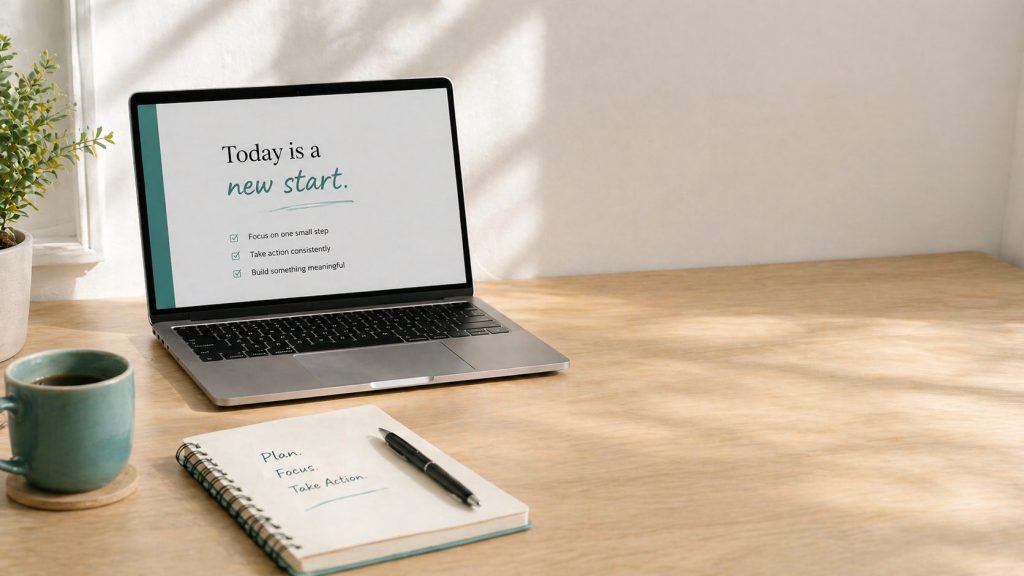 Minimal clean desk setup with laptop and notebook, representing a fresh start and focused work on an online business