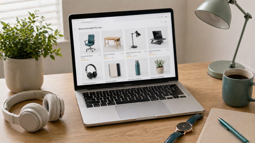 Laptop showing product listings alongside everyday items like headphones and a watch, illustrating niche monetization through real products