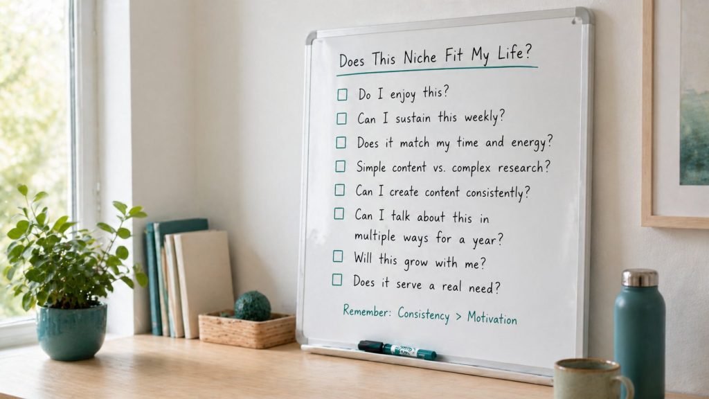 Whiteboard with checklist about choosing a niche based on time, energy, and consistency in a minimal home office