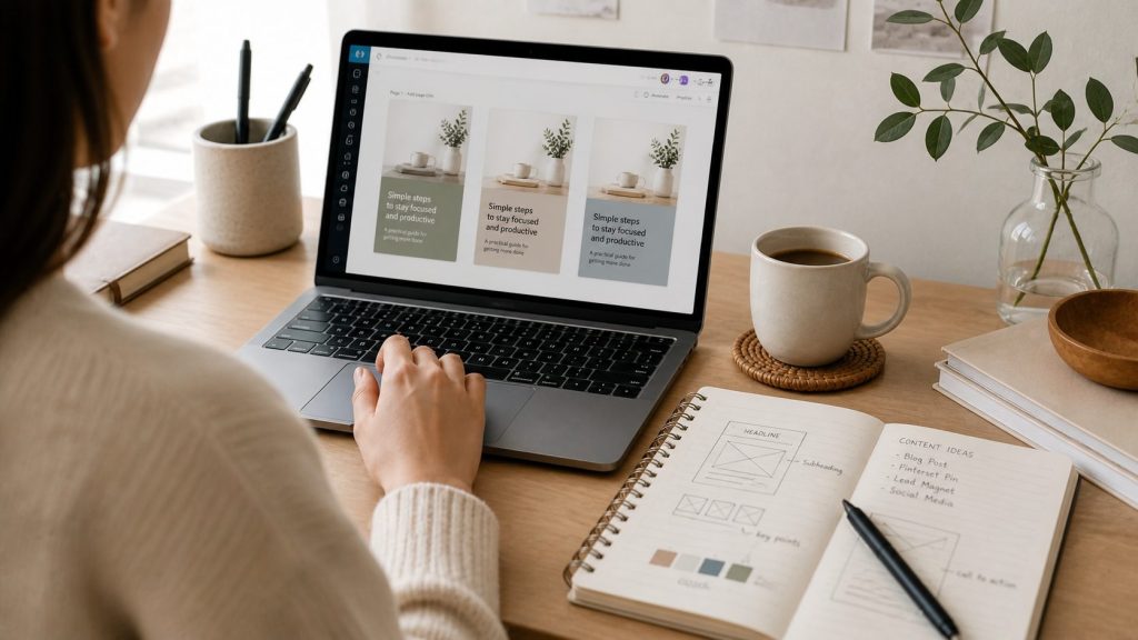 Person working on simple design variations on a laptop with notebook sketches nearby, representing experimentation and learning with Canva Free