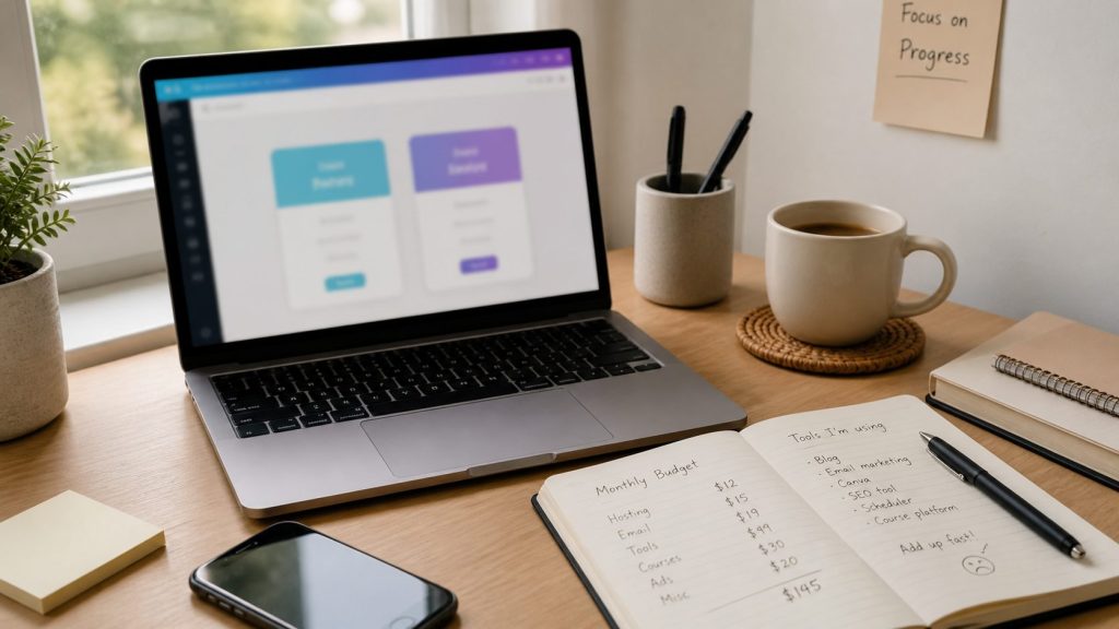 Minimal home workspace with laptop and budget notes, representing a beginner deciding between free and paid tools while starting an online business