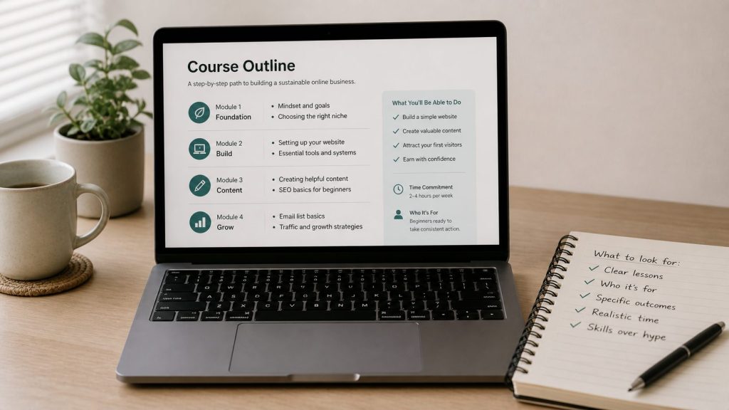Laptop showing a clear course outline with a simple checklist in a notebook on a clean desk
