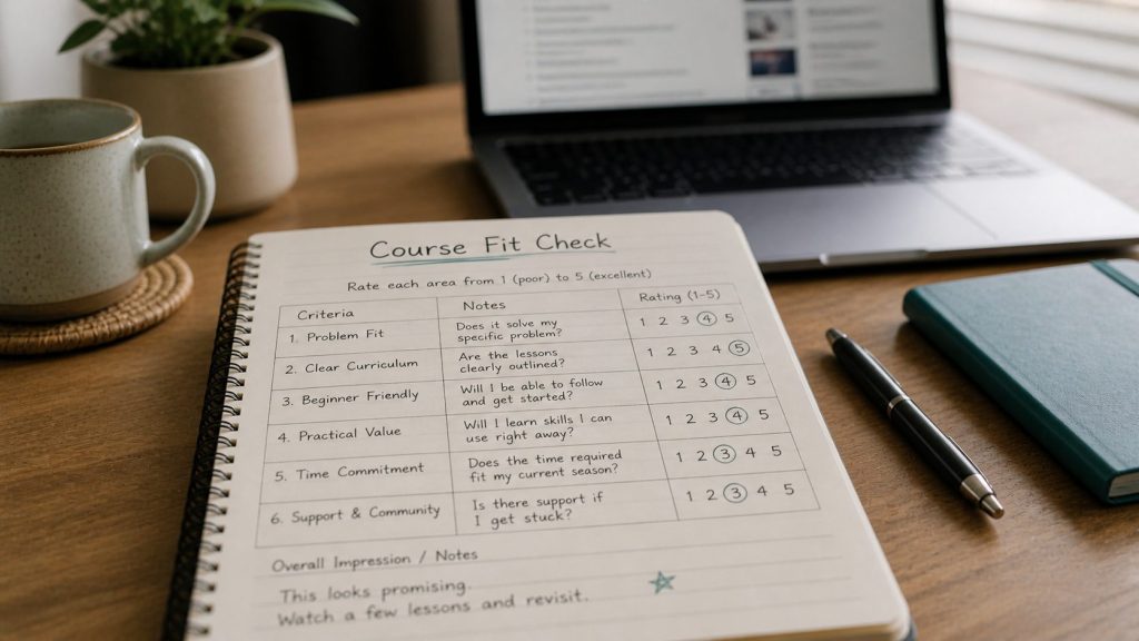 Notebook showing a course evaluation checklist with ratings on a clean desk with a laptop in the background