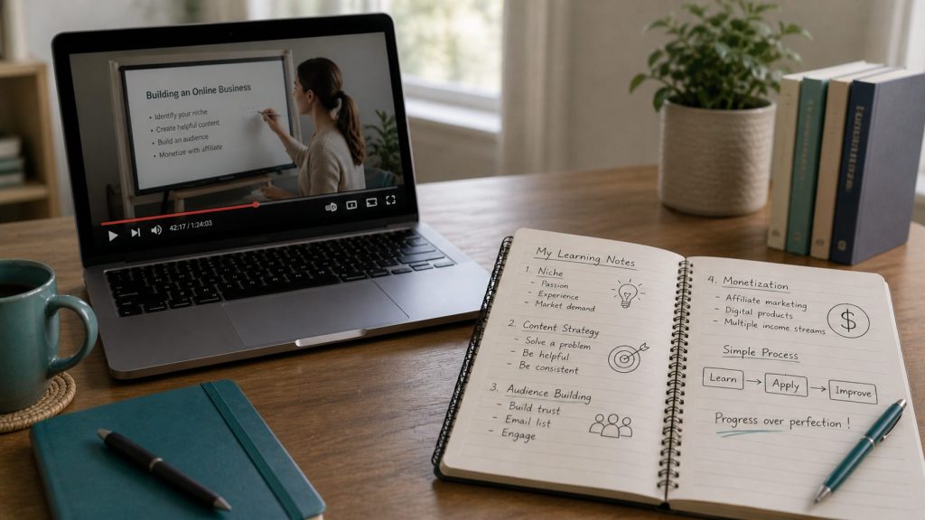 Laptop playing a video lesson next to a notebook with structured notes and diagrams on a clean desk