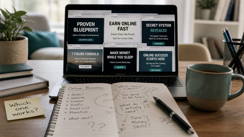 Laptop showing multiple online course pages with a notebook of messy notes and a sticky note reading “Which one works?” on a desk