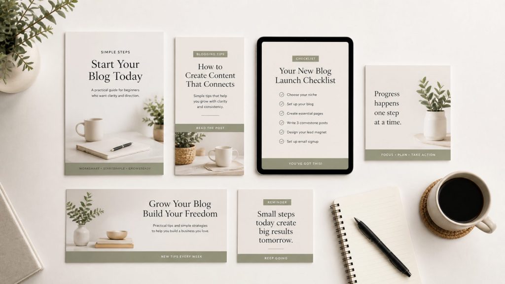 Minimal flat lay of simple, consistent design assets like blog graphics and social posts, showing what beginners actually need to get started
