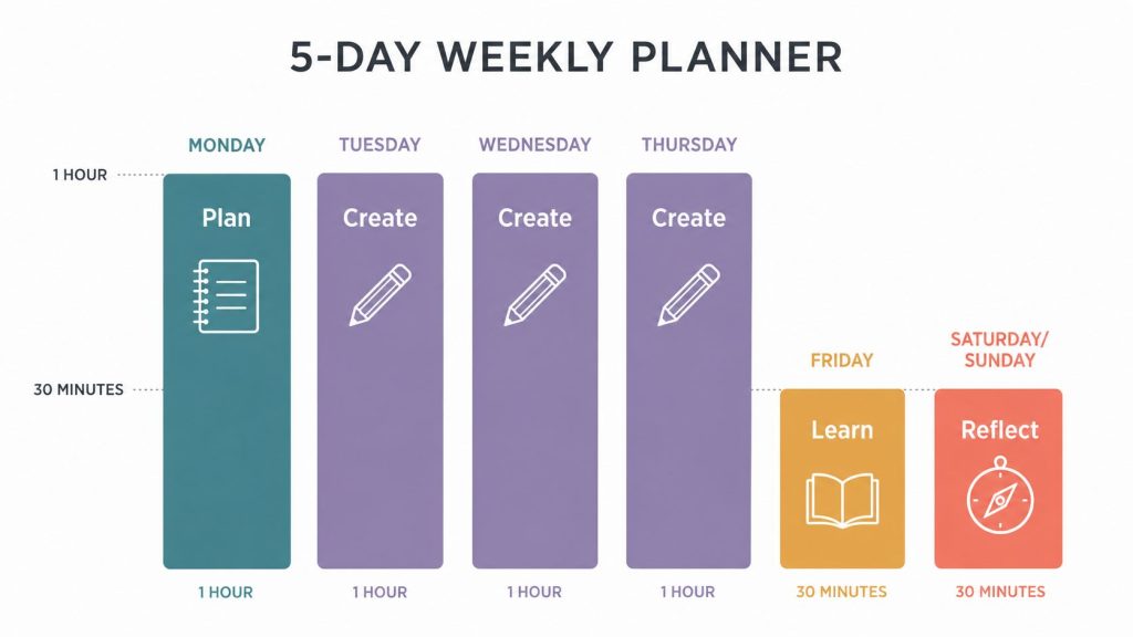 Weekly business building schedule with one-hour planning and creation sessions from Monday to Thursday, and shorter learning and reflection sessions on Friday and the weekend.