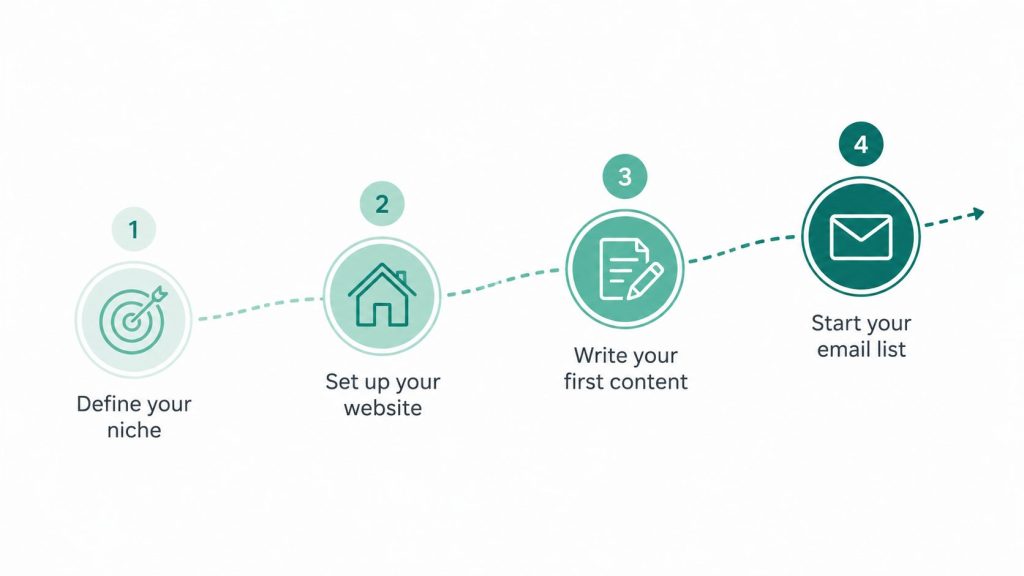 A minimalist infographic showing four milestones: define your niche, set up your website, write your first content, and start your email list.