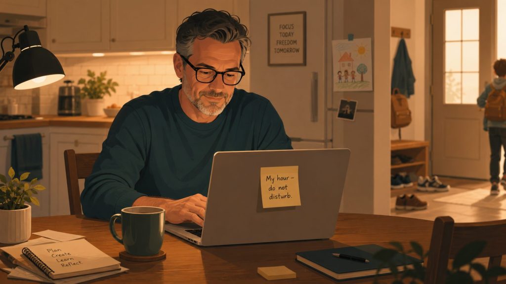 A midlife man works at a kitchen table by lamplight with a laptop note reading “My hour – do not disturb".