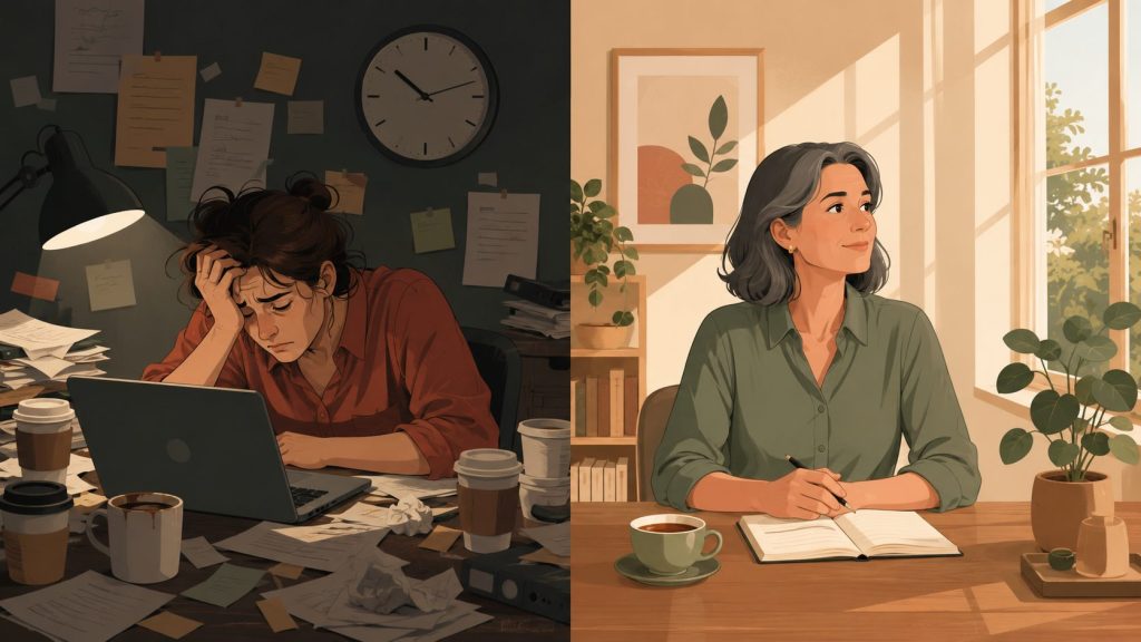 An exhausted professional in a cluttered workspace beside a calm professional working in a bright, organized environment.